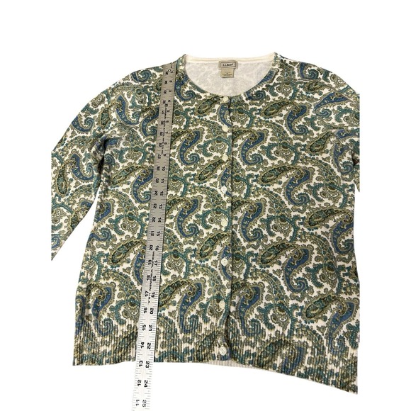 L.L Bean Paisley Button Down Cardigan 100% Cotton Aqua Green White SZ Medium - Picture 5 of 8